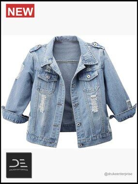 3/4 Sleeve Retro Denim Jacket Washed Jean Coat Button Front Women